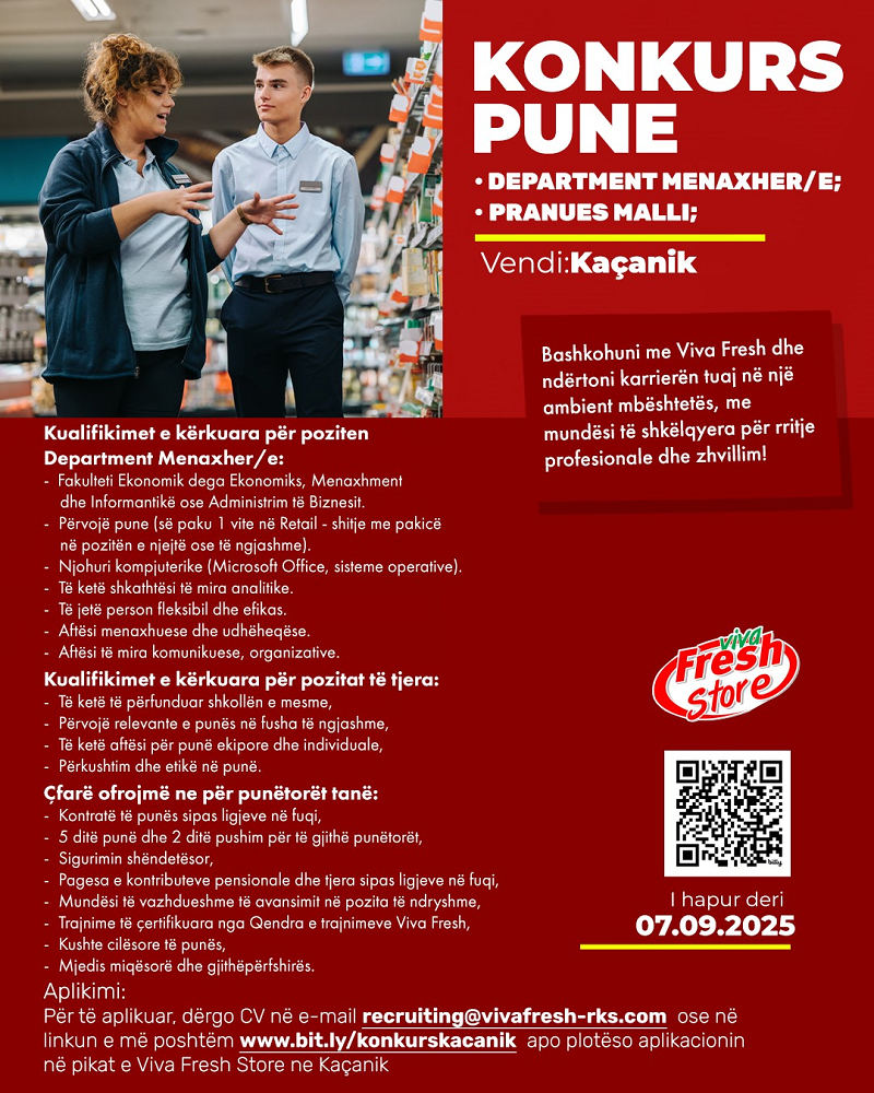 Department Menaxher/e, Pranues Malli - Kaçanik